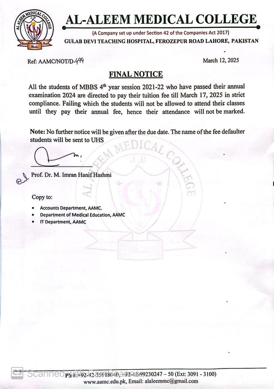 4th Year Final Fee Notice